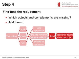 D. Monett – Europe Week 2014, University of Hertfordshire, Hatfield
Step 4
Fine tune the requirement.
 Which objects and complements are missing?
 Add them!
The system should
provide <whom>
with the ability to
verb
<process>
be able to
<process>
will
shall
object
additional details
about the object
45
 