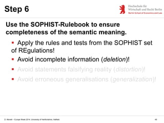 D. Monett – Europe Week 2014, University of Hertfordshire, Hatfield
Step 6
Use the SOPHIST-Rulebook to ensure
completeness of the semantic meaning.
 Apply the rules and tests from the SOPHIST set
of REgulations!
 Avoid incomplete information (deletion)!
 Avoid statements falsifying reality (distortion)!
 Avoid erroneous generalisations (generalization)!
49
 