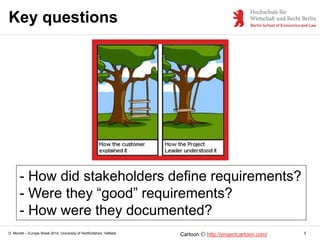 D. Monett – Europe Week 2014, University of Hertfordshire, Hatfield
Key questions
5Cartoon http://projectcartoon.com/
- How did stakeholders define requirements?
- Were they “good” requirements?
- How were they documented?
 