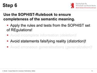 D. Monett – Europe Week 2014, University of Hertfordshire, Hatfield
Step 6
Use the SOPHIST-Rulebook to ensure
completeness of the semantic meaning.
 Apply the rules and tests from the SOPHIST set
of REgulations!
 Avoid incomplete information (deletion)!
 Avoid statements falsifying reality (distortion)!
 Avoid erroneous generalisations (generalization)!
51
 