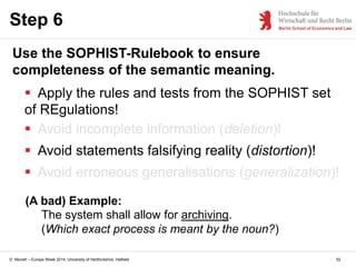 D. Monett – Europe Week 2014, University of Hertfordshire, Hatfield
Step 6
Use the SOPHIST-Rulebook to ensure
completeness of the semantic meaning.
 Apply the rules and tests from the SOPHIST set
of REgulations!
 Avoid incomplete information (deletion)!
 Avoid statements falsifying reality (distortion)!
 Avoid erroneous generalisations (generalization)!
(A bad) Example:
The system shall allow for archiving.
(Which exact process is meant by the noun?)
52
 