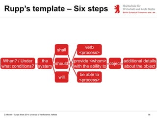 D. Monett – Europe Week 2014, University of Hertfordshire, Hatfield
Rupp’s template – Six steps
the
system
should
provide <whom>
with the ability to
verb
<process>
be able to
<process>
will
shall
object
additional details
about the object
When? / Under
what conditions?
56
 