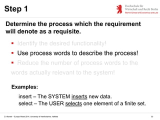D. Monett – Europe Week 2014, University of Hertfordshire, Hatfield
 Identify the desired functionality!
 Use process wo...