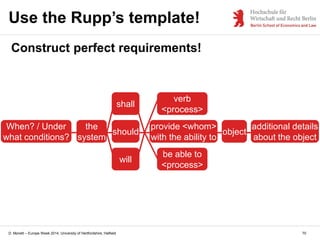 D. Monett – Europe Week 2014, University of Hertfordshire, Hatfield
Use the Rupp’s template!
Construct perfect requirement...