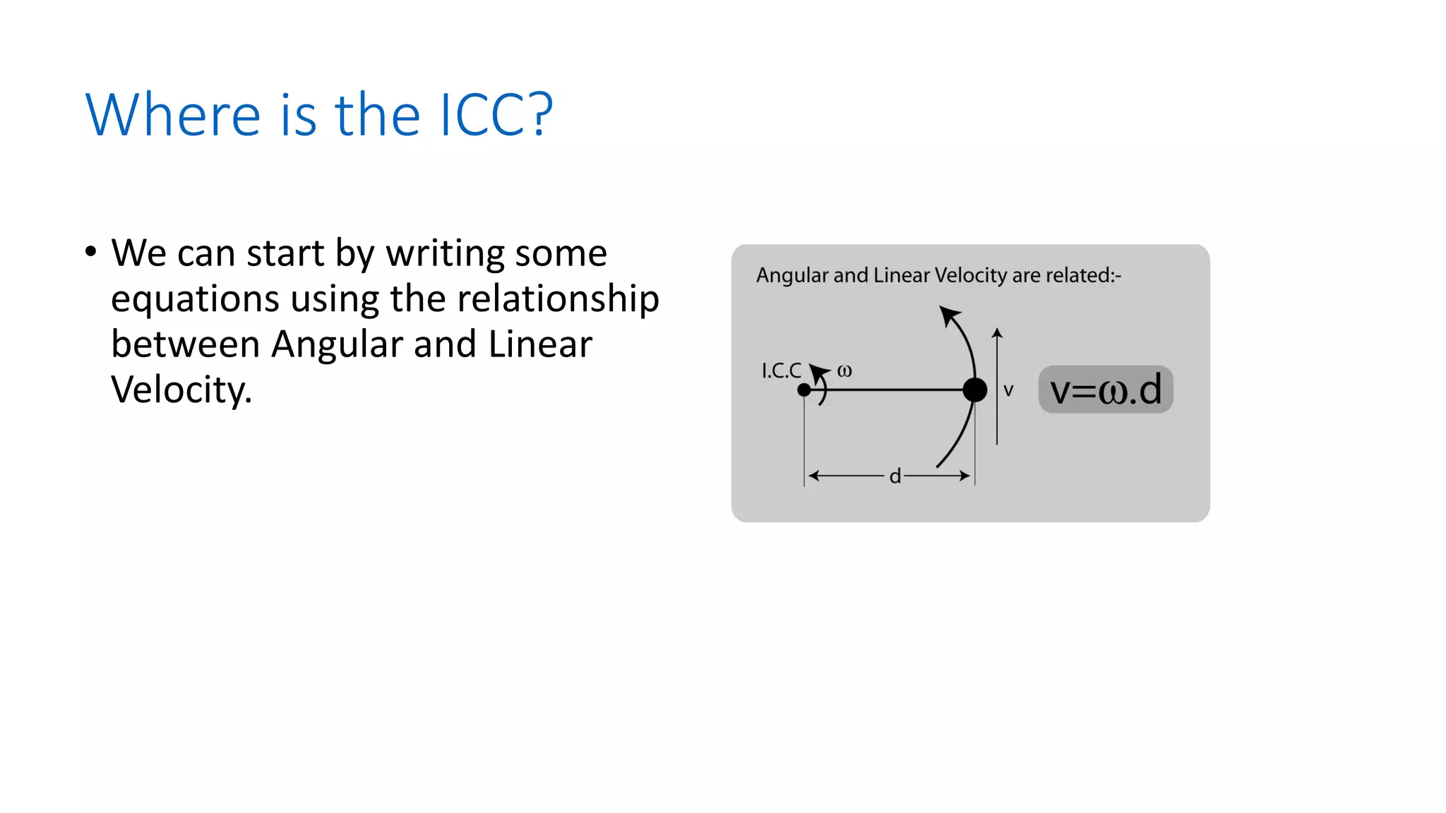 Where is the ICC?
• We can start by writing some
equations using the relationship
between Angular and Linear
Velocity.
 