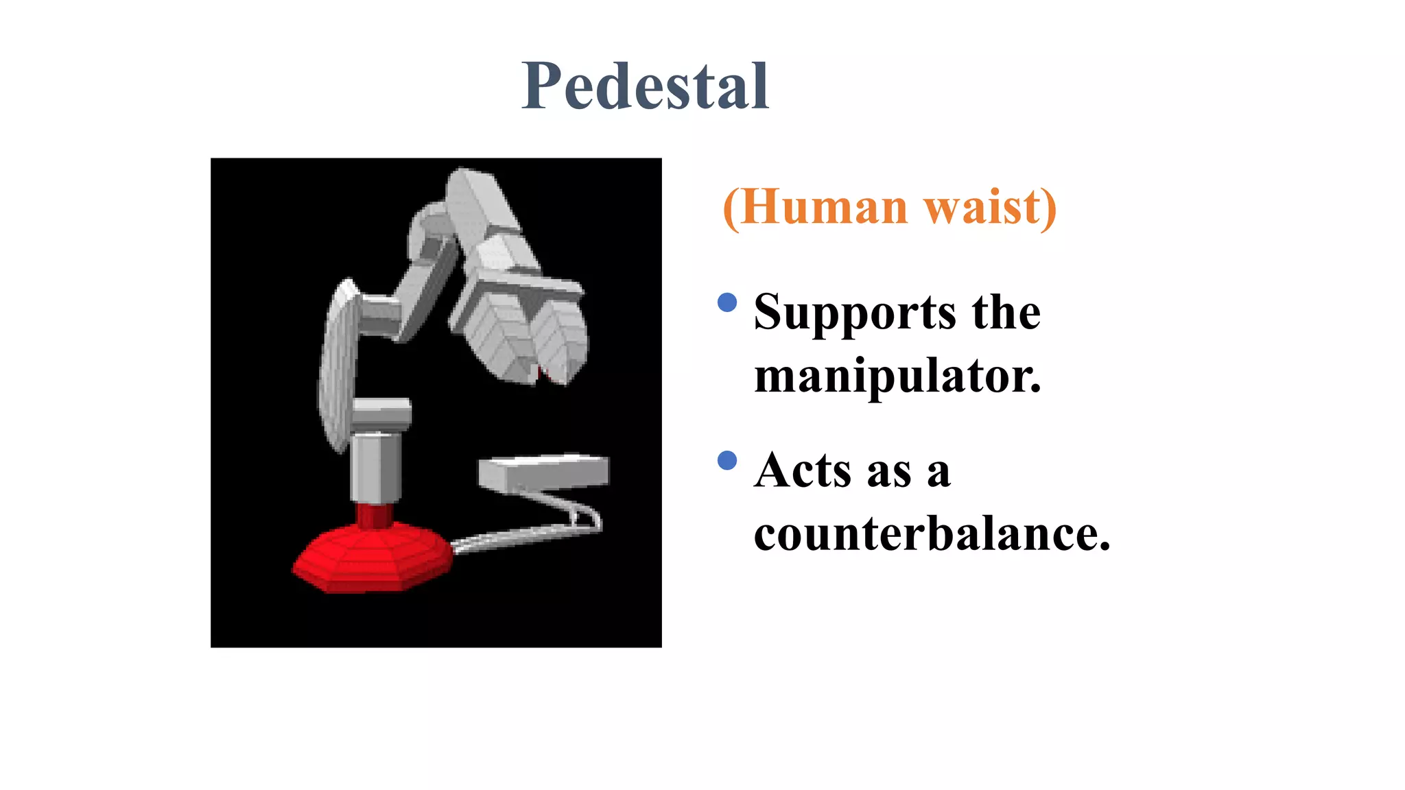 Pedestal
(Human waist)
• Supports the
manipulator.
• Acts as a
counterbalance.
 
