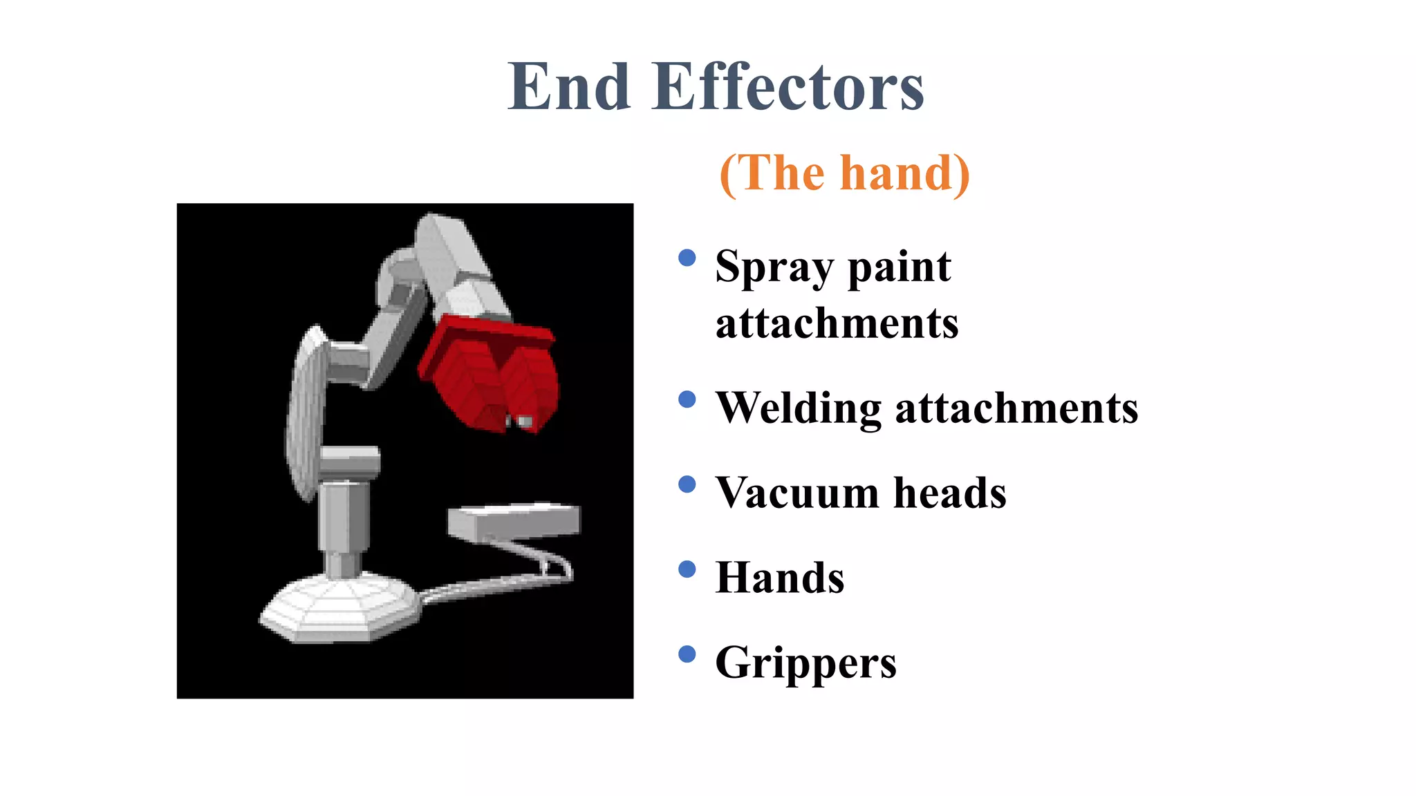 End Effectors
(The hand)
• Spray paint
attachments
• Welding attachments
• Vacuum heads
• Hands
• Grippers
 