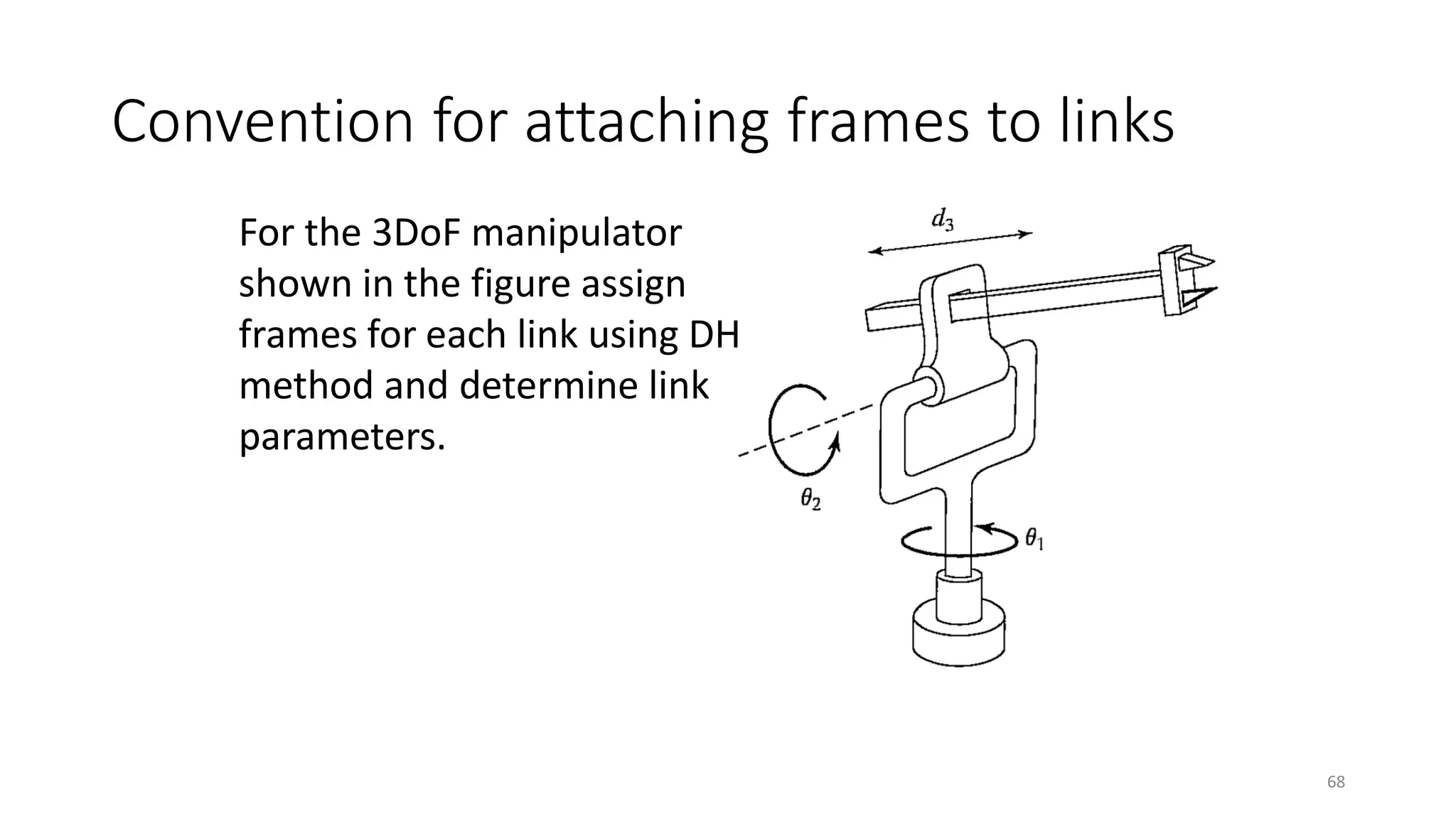 Convention for attaching frames to links
68
For the 3DoF manipulator
shown in the figure assign
frames for each link using DH
method and determine link
parameters.
 