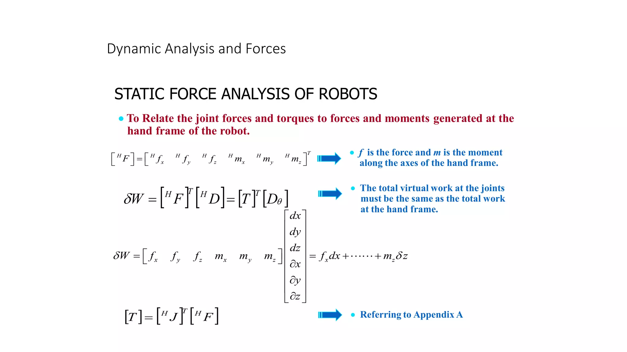 Dynamic Analysis and Forces
STATIC FORCE ANALYSIS OF ROBOTS
• To Relate the joint forces and torques to forces and moments generated at the
hand frame of the robot.
T
H H H H H H H
x y z x y z
F f f f m m m
   
=
   
x y z x y z x z
dx
dy
dz
W f f f m m m f dx m z
x
y
z
 
 
 
 
 
 
= = + +
 
  
 
 

 

 
     
F
J
T H
T
H
=
       

 D
T
D
F
W
T
H
T
H
=
=
• f is the force and m is the moment
along the axes of the hand frame.
• The total virtual work at the joints
must be the same as the total work
at the hand frame.
• Referring to Appendix A
 