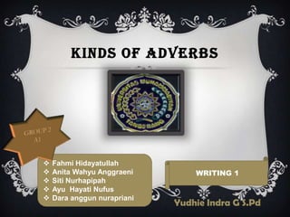 KINDS OF ADVERBS




   Fahmi Hidayatullah
   Anita Wahyu Anggraeni        WRITING 1
   Siti Nurhapipah
   Ayu Hayati Nufus
   Dara anggun nurapriani
                             Yudhie Indra G S.Pd
 