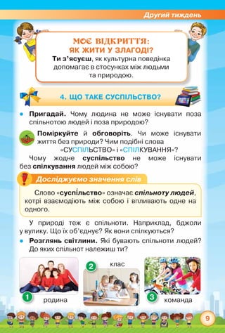 Другий тиждень
9
Поміркуйте й обговоріть. Чи може існувати	
життя без природи? Чим подібні слова
«суспільство» і «спілкування»?
МОЄ ВІДКРИТТЯ:
ЯК ЖИТИ У ЗЛАГОДІ?
Ти з’ясуєш, як культурна поведінка
допомагає в стосунках між людьми 	
та природою.
zz Пригадай. Чому людина не може існувати поза
спільнотою людей і поза природою?
zz Розглянь світлини. Які бувають спільноти людей?
До яких спільнот належиш ти?
4. ЩО ТАКЕ СУСПІЛЬСТВО?
Досліджуємо значення слів
1 3
2
У природі теж є спільноти. Наприклад, бджоли	
у вулику. Що їх об’єднує? Як вони спілкуються?
Чому жодне суспільство не може існувати	
без спілкування людей між собою?
Слово «суспільство» означає спільноту людей,
котрі взаємодіють між собою і впливають одне на	
одного.
родина команда
клас
 
