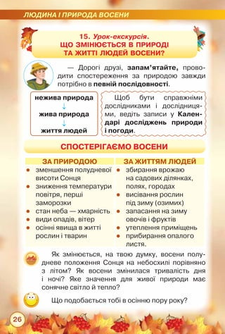 ЛЮДИНА І ПРИРОДА ВОСЕНИ
26
— Дорогі друзі, запам’ятайте, прово-
дити спостереження за природою завжди	
потрібно в певній послідовності.
нежива природа
↓
жива природа
↓
життя людей
15. Урок-екскурсія.
ЩО ЗМІНЮЄТЬСЯ в природі
та житті людей восени?
СПОСТЕРІГАЄМО ВОСЕНИ
Як змінюється, на твою думку, восени полу-
дневе положення Сонця на небосхилі порівняно	
з літом? Як восени змінилася тривалість дня	
і ночі? Яке значення для живої природи має	
сонячне світло й тепло?
Що подобається тобі в осінню пору року?
Щоб бути справжніми	
дослідниками і дослідниця-
ми, ведіть записи у Кален­
дарі досліджень природи
і погоди.
ЗА ПРИРОДОЮ ЗА ЖИТТЯМ ЛЮДЕЙ
zz зменшення полудневої
висоти Сонця
zz зниження температури
повітря, перші	
заморозки
zz стан неба — хмарність
zz види опадів, вітер
zz осінні явища в житті
рослин і тварин
zz збирання врожаю	
на садових ділянках,
полях, городах
zz висівання рослин	
під зиму (озимих)
zz запасання на зиму	
овочів і фруктів
zz утеплення приміщень
zz прибирання опалого
листя.
 
