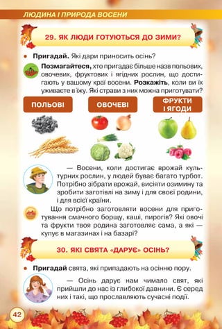 ЛЮДИНА І ПРИРОДА ВОСЕНИ
42
zz Пригадай. Які дари приносить осінь?
29. Як люди готуються до зими?
ПОЛЬОВІ ОВОЧЕВІ
ФРУКТИ
І ЯГОДИ
Позмагайтеся,хтопригадаєбільшеназвпольових,
овочевих, фруктових і ягідних рослин, що дости-
гають у вашому краї восени. Розкажіть, коли ви їх
уживаєте в їжу. Які страви з них можна приготувати?
Що потрібно заготовляти восени для приго-
тування смачного борщу, каші, пирогів? Які овочі	
та фрукти твоя родина заготовляє сама, а які —
купує в магазинах і на базарі?
— Восени, коли достигає врожай куль-
турних рослин, у людей буває багато турбот.
Потрібно зібрати врожай, висіяти озимину та
зробити заготівлі на зиму і для своєї родини,
і для всієї країни.
zz Пригадай свята, які припадають на осінню пору.
— Осінь дарує нам чимало свят, які	
прийшли до нас із глибокої давнини. Є серед
них і такі, що прославляють сучасні події.
30. Які свята «дарує» осінь?
 