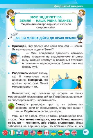 Двадцятий тиждень
81
МОЄ ВІДКРИТТЯ:
Земля — наша рідна планета
Ти дізнаєшся про горизонт і чотири	
сторони світу.
58. Чи можна дійти до краю Землі?
zz Пригадай, яку форму має наша планета — Земля.
Як називається модель Землі?
zz Роздивись уважно схему,	
що її намалював наш	
дослідник. Поміркуй, які
докази кулястості Землі	
можеш навести ти.
— Мені пощастило здійснити навколо-
світнє плавання на старовинному вітриль-
нику. Скільки незабутніх вражень я отримав!	
А головне — пересвідчився: Земля таки має
форму кулі.
Виявляється, що довести це можуть не тільки	
мореплавці й космонавти, а й ти. Потрібно лише вияви-
ти спостережливість і допитливість.
Складіть розповідь про те, як змінюється	
краєвид, коли ви піднімаєтесь вгору все вище й
вище. Поділіться своїм досвідом.
Уяви, що ти в полі. Куди не глянь, розкинулися про-
стори… Уся земна поверхня, яку ти бачиш навколо
себе, це — горизонт, або обрій, видноколо. Якщо
забратися на вершину гори, то побачиш більше, ніж
 