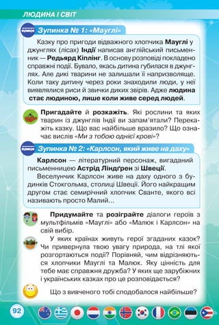 ЛЮДИНА І світ
92
Зупинка № 1: «Мауглі»
Казку про пригоди відважного хлопчика Мауглі у
джунглях (лісах) Індії написав англійський письмен-
ник—РедьярдКіплінг.Восновурозповідіпокладено
справжні події. Бувало, якась дитина губилася в джунг­
лях. Але дикі тварини не залишали її напризволяще.
Коли таку дитину через роки знаходили люди, у неї
виявлялися риси й звички диких звірів. Адже людина
стає людиною, лише коли живе серед людей.
Пригадайте й розкажіть. Які рослини та яких
тварин із джунглів Індії ви запам’ятали? Перека-
жіть казку. Що вас найбільше вразило? Що озна-
чає вислів «Ми з тобою однієї крові»?
Зупинка № 2: «Карлсон, який живе на даху»
Карлсон — літературний персонаж, вигаданий	
письменницею Астрід Ліндґрен зі Швеції.
Веселунчик Карлсон живе на даху одного з бу-
динків Стокгольма, столиці Швеції. Його найкращим
другом стає семирічний хлопчик Сванте, якого всі
називають просто Малий…
Придумайте та розіграйте діалоги героїв з
мультфільмів «Мауглі» або «Малюк і Карлсон» на
свій вибір.
Що з вивченого тобі сподобалося найбільше?
У яких країнах живуть герої згаданих казок?	
Чи привернула твою увагу природа, на тлі якої
розгортаються події? Порівняй, чим відрізняють-
ся хлопчики Мауглі та Малюк. Яку цінність для
тебе має справжня дружба? У яких ще зарубіжних
і українських казках про це розповідається?
 