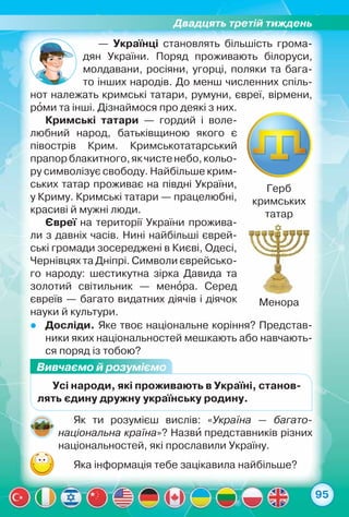 Двадцять третій тиждень
95
zz Досліди. Яке твоє національне коріння? Представ-
ники яких національностей мешкають або навчають-
ся поряд із тобою?
— Українці становлять більшість грома-
дян України. Поряд проживають білоруси,
молдавани, росіяни, угорці, поляки та бага-
то інших народів. До менш численних спіль-
нот належать кримські татари, румуни, євреї, вірмени,
роми та інші. Дізнаймося про деякі з них.
Кримські татари — гордий і воле-
любний народ, батьківщиною якого є	
півострів Крим. Кримськотатарський
прапорблакитного,якчистенебо,кольо-
ру символізує свободу. Найбільше крим-
ських татар проживає на півдні України,
у Криму. Кримські татари — працелюбні,
красиві й мужні люди.
Євреї на території України прожива-
ли з давніх часів. Нині найбільші єврей-
ські громади зосереджені в Києві, Одесі,
Чернівцях та Дніпрі. Символи єврейсько-
го народу: шестикутна зірка Давида та
золотий світильник — менора. Серед
євреїв — багато видатних діячів і діячок
науки й культури.
Вивчаємо й розуміємо
Усі народи, які проживають в Україні, станов­
лять єдину дружну українську родину.
Яка інформація тебе зацікавила найбільше?
Як ти розумієш вислів: «Україна — багато­
національна країна»? Назви представників різних
національностей, які прославили Україну.
Герб
кримських
татар
Менора
 