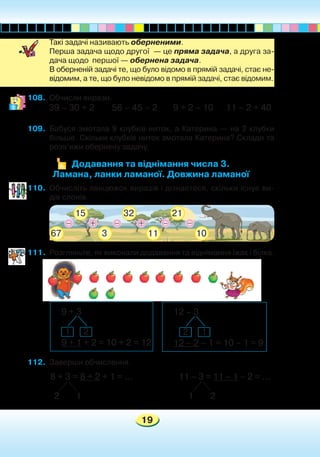 19
	 Такі задачі називають оберненими.
	 Перша задача щодо другої — це пряма задача, а друга за-
дача щодо першої — обернена задача.
	 В оберненій задачі те, що було відомо в прямій задачі, стає не-
відомим, а те, що було невідомо в прямій задачі, стає відомим.
108.	 Обчисли вирази.
39 – 30 + 2	 56 – 45 – 2	 9 + 2 – 10 11 – 2 + 40
109.	 Бабуся змотала 9 клубків ниток, а Катерина — на 2 клубки
більше. Скільки клубків ниток змотала Катерина? Склади та
розв’яжи обернену задачу.
110.	 Обчисліть ланцюжок виразів і дізнаєтеся, скільки існує ви-
дів слонів.
111.	 Розгляньте, як виконали додавання та віднімання їжак і білка.
112.	 Заверши обчислення.
Додавання та віднімання числа 3.
Ламана, ланки ламаної. Довжина ламаної
9 + 3
9 + 1 + 2 = 10 + 2 = 12
12 – 3
12 – 2 – 1 = 10 – 1 = 9
1 22 1
8 + 3 = 8 + 2 + 1 = …		 11 – 3 = 11 – 1 – 2 = …
2 1 1 2
67
15
3
32
11
21
10
– – –+ + –
 