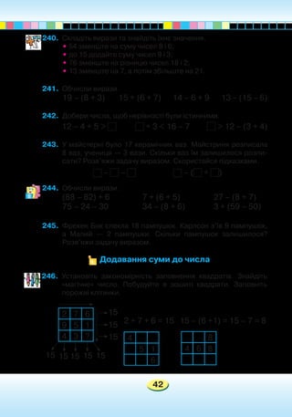 42
240.	 Складіть вирази та знайдіть їхнє значення.
	 • 54 зменште на суму чисел 8 і 6;
	 •	 до 15 додайте суму чисел 9 і 3;
	 •	 76 зменште на різницю чисел 18 і 2;
	 •	 13 зменште на 7, а потім збільште на 21.
241.	 Обчисли вирази.
19 – (8 + 3) 15 + (6 + 7) 14 – 6 + 9	 13 – (15 – 6)
242.	 Добери числа, щоб нерівності були істинними.
12 – 4 + 5 > + 3 < 16 – 7 > 12 – (3 + 4)
243.	 У майстерні було 17 керамічних ваз. Майстриня розписала
8 ваз, учениця — 3 вази. Скільки ваз їм залишилося розпи-
сати? Розв’яжи задачу виразом. Скористайся підказками.
244.	 Обчисли вирази.
(88 – 82) + 6	 7 + (6 + 5)		 27 – (8 + 7)
75 – 24 – 30	 34 – (8 + 6)	 3 + (59 – 50)
	
245.	 Фрекен Бок спекла 18 пампушок. Карлсон з’їв 9 пампушок,
а Малий — 2 пампушки. Скільки пампушок залишилося?
Розв’яжи задачу виразом.
Додавання суми до числа
– – – ( + )
246.	 Установіть закономірність заповнення квадратів. Знайдіть
«магічне» число. Побудуйте в зошиті квадрати. Заповніть
порожні клітинки.
4
5 1
6
8
4 6 8
2 7 6
9 5 1
4 3 ?
15
15
15
1515151515
2 + 7 + 6 = 15 15 – (6 +1) = 15 – 7 = 8
 