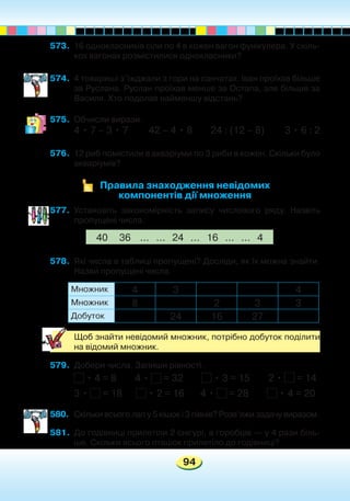 94
573.	 16 однокласників сіли по 4 в кожен вагон фунікулера. У скіль-
кох вагонах розмістилися однокласники?
574.	 4 товариші з’їжджали з гори на санчатах. Іван проїхав більше
за Руслана. Руслан проїхав менше за Остапа, але більше за
Василя. Хто подолав найменшу відстань?
575.	 Обчисли вирази.
4 • 7 – 3 • 7 42 – 4 • 8 24 : (12 – 8) 3 • 6 : 2
576.	 12 риб помістили в акваріуми по 3 риби в кожен. Скільки було
акваріумів?
Правила знаходження невідомих
компонентів дії множення
577.	 Установіть закономірність запису числового ряду. Назвіть
пропущені числа.
578.	 Які числа в таблиці пропущені? Досліди, як їх можна знайти.
Назви пропущені числа.
Множник 4 3 4
Множник 8 2 3 3
Добуток 24 16 27
	 Щоб знайти невідомий множник, потрібно добуток поділити
на відомий множник.
579.	 Добери числа. Запиши рівності.
• 4 = 8 4 • = 32 • 3 = 15 2 • = 14
3 • = 18 • 2 = 16 4 • = 28 • 4 = 20
580.	 Скільки всього лап у 5 кішок і 3 півнів? Розв’яжи задачу виразом.
581.	 До годівниці прилетіли 2 снігурі, а горобців — у 4 рази біль-
ше. Скільки всього пташок прилетіло до годівниці?
`
40 36 ... ... 24 ... 16 ... ... 4
 