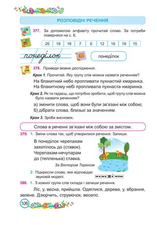 106
378. Проведи мовне дослідження.
Крок 1. Прочитай. Яку групу слів можна назвати реченням?
На блакитний небо пропливати пухнастий хмаринка.
На блакитному небі пропливала пухнаста хмаринка.
Слова в реченні зв’язані між собою за змістом.
понеді́лок
Крок 2. Як ти гадаєш, що потрібно зробити, щоб групу слів можна
було назвати реченням?
а) змінити слова, щоб вони були зв’язані між собою;
б) дібрати слова, близькі за значенням.
Крок 3. Зроби висновок.
1.	 З кожної групи слів склади і запиши речення.
Ліс, у, весна, прийшла. Одяглися, дерева, у, вбрання,
зелене. Дзюрчить, струмочок, весело.
380.
РОЗПОВІДНІ РЕЧЕННЯ
377. За допомогою алфавіту прочитай слово. За потреби
повернися на с. 6.
20 19 18 7 6 12 16 19 15
379. 1.	 Зміни слова так, щоб утворилися речення. Запиши.
В понеділок черепахам
захотілось до (ставок).
Черепахам-нечупарам
до (тепленька) ставка.
		 За Віктором Тереном
2.	 Підкресли слово, яке відповідає
звуковій моделі.
 