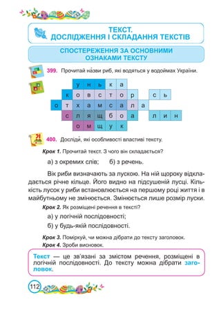 112
ТЕКСТ.
ДОСЛІДЖЕННЯ І СКЛАДАННЯ ТЕКСТІВ
399. Прочитай на�зви риб, які водяться у водоймах України.
400. Досліди�, які особливості властиві тексту.
Крок 1. Прочитай текст. З чого він складається?
а) з окремих слів;	 б) з речень.
Вік риби визначають за лускою. На ній щороку відкла-
дається річне кільце. Його видно на підсушеній лусці. Кіль-
кість лусок у риби встановлюється на першому році життя і в
майбутньому не змінюється. Змінюється лише розмір луски.
Крок 2. Як розміщені речення в тексті?
а) у логічній послідовності;
б) у будь-якій послідовності.
Крок 3. Поміркуй, чи можна дібрати до тексту заголовок.
Крок 4. Зроби висновок.
СПОСТЕРЕЖЕННЯ ЗА ОСНОВНИМИ
ОЗНАКАМИ ТЕКСТУ
Текст — це зв’язані за змістом речення, розміщені в
логічній послідовності. До тексту можна дібрати заго-
ловок.
т
а
в
т
с о
а
о
р
к с ь
с
о
с
а м
х л
к
н ь а
у
о
я
л щ б а
м
о щ у
и
л н
к
 