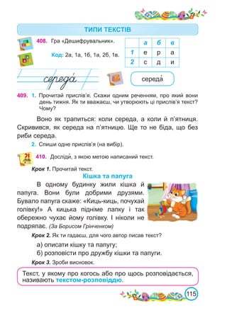 115
408. Гра «Дешифрувальник». а б в
1 е р а
2 с д и
Код: 2а, 1а, 1б, 1а, 2б, 1в.
409. 1.	 Прочитай прислів’я. Скажи одним реченням, про який вони
день тижня. Як ти вважаєш, чи утворюють ці прислів’я текст?
Чому?
Воно як трапиться: коли середа, а коли й п’ятниця.
Скривився, як середа на п’ятницю. Ще то не біда, що без
риби середа.
410. Досліди�, з якою метою написаний текст.
Крок 1. Прочитай текст.
Кішка та папуга
В одному будинку жили кішка й
папуга. Вони були добрими друзями.
Бувало папуга скаже: «Киць-киць, почухай
голівку!» А кицька підніме лапку і так
обережно чухає йому голівку. І ніколи не
подряпає. (За Борисом Грінченком)
Крок 2. Як ти гадаєш, для чого автор писав текст?
а) описати кішку та папугу;
б) розповісти про дружбу кішки та папуги.
Крок 3. Зроби висновок.
ТИПИ ТЕКСТІВ
2.	 Спиши одне прислів’я (на вибір).
Текст, у якому про когось або про щось розповідається,
називають текстом-розповіддю.
середа�
 