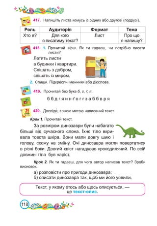 118
417. Напишіть листа комусь із рідних або другові (подрузі).
Роль Аудиторія Формат Тема
Хто я? Для кого
я писатиму текст?
Лист Про що
я напишу?
419. Прочитай без букв б, г, ґ, я.
б б д г я и н ґ о г г з а б б в р я
420. Досліди�, з якою метою написаний текст.
Крок 1. Прочитай текст.
За розміром динозаври були набагато
більші від сучасного слона. Їхнє тіло вкри-
вала товста шкіра. Вони мали довгу шию і
голову, схожу на зміїну. Очі динозавра могли повертатися
в різні боки. Довгий хвіст нагадував крокодилячий. По всій
довжині тіла був наріст.
Крок 2. Як ти гадаєш, для чого автор написав текст? Зроби
висновок.
а) розповісти про пригоди динозавра;
б) описати динозавра так, щоб ми його уявили.
Текст, у якому хтось або щось описується, —
це текст-опис.
Летять листи
в будинки і квартири.
Спішать з добром,
спішать із миром.
2.	 Спиши. Підкресли іменники або дієслова.
418. 1.	 Прочитай вірш. Як ти гадаєш, чи потрібно писати
листи?
 