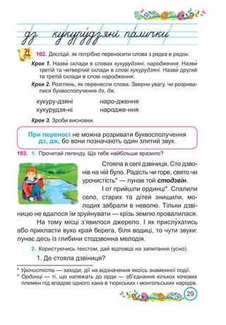 29
Крок 1. Назви� склади в словах кукурудзяні, народження. Назви�
третій та четвертий склади в слові кукурудзяні. Назви� другий
та третій склади в слові народження.
Крок 2. Розглянь, як перенесли слова. Зверни увагу, чи розрива-
лися буквосполучення дз, дж.
кукуру-дзяні		 наро-дження
кукурудзя-ні		 народже-ння
Крок 3. Зроби висновки.
102. Досліди́, як потрібно переносити слова з рядка в рядок.
При переносі не можна розривати буквосполучення
дз, дж, бо вони позначають один злитий звук.
* Урочистість — заходи, дії на відзначення якоїсь знаменної події.
* Ординці — ті, що належать до орди — об’єднання кількох кочових
племен під владою одного хана в тюркських і монгольських народів.
103. 1.	 Прочитай легенду. Що тебе найбільше вразило?
Стояла в селі дзвіниця. Сто дзво-
нів на ній було. Радість чи горе, свято чи
урочистість* — лунав той стодзвін.
І от прийшли ординці*. Спалили
село, старих та дітей знищили, мо-
лодих забрали в неволю. Тільки дзві-
ницю не вдалося їм зруйнувати — крізь землю провалилася.
На тому місці з’явилося джерело. І як прислу�хатись
або прикласти вухо край берега, біля водиці, то чути звуки:
лунає десь із глибини стодзвонна мелодія.
2.	 Користуючись текстом, дай відповіді на запитання (усно).
1. Де стояла дзвіниця?
 