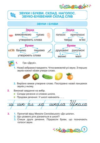3
1.	 Назви� зображені предмети. Чітко вимовляй усі звуки. З перших
звуків кожної на�зви утвори слово.
2.	 Вира�зно вимов утворене слово. Послідовно назви� ланцюжок
звуків у ньому.
2.	 Виконай завдання на вибір.
	 Склади речення зі словом школа.
	 Продовж речення: У школі навчають … .
Гра «Друзі».
1.	
Букви
друковані рукописні
великі малі
Звуки
вимовляємо чуємо
утворюють слова
Букви
бачимо пишемо
утворюють слова
Звуки
голосні приголосні
тверді м’які
ЗВУКИ І БУКВИ. СКЛАД. НАГОЛОС.
ЗВУКО-БУКВЕНИЙ СКЛАД СЛІВ
ЗВУКИ І БУКВИ
3.	 1.	 Прочитай вірш Миколи Сингаївського «До школи».
2.	 Що цікавого діти дізнаються в школі?
3.	 Спиши друге речення. Підкресли букви, що позначають
голосні звуки.
 