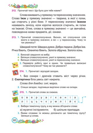 60
212. Прочитай текст. Що було для тебе новим?
Слова вживають у прямому та переносному значеннях.
Слово їжак у прямому значенні — тварина, в якої є голки,
що стирчать у різні боки. У переносному значенні їжаком
називають зачіску, коли коротке волосся стирчить, як голки
на їжакові. Отже, слова в прямому значенні — це звичайна,
повсякденна назва предмета, дії, ознаки.
213. 1.	 Прочитай словосполучення. Визнач, які сполучення слів
вжито в прямому значенні, а які — у переносному. Чому ти
так уважаєш?
Швидкий потяг. Швидка думка. Добра людина. Добра їжа.
Річка біжить. Оленятко біжить. Золота обручка. Золота осінь.
2.	 Виконай завдання на вибір.
	 Випиши словосполучення, ужиті в прямому значенні.
	 Випиши словосполучення, ужиті в переносному значенні.
3.	 Перевірте роботу одні в одних. Чи правильно виписані
словосполучення? Чому ви так уважаєте?
215. 1.	 Прочитай слова за схемою.
2.	 Вибери тематичну групу, в яку можна об’єднати слова:
а) музичні інструменти;	 б) шкільне приладдя.
о в е р у а г к а н і а
л і ц ь ч к у м л і й к
3.	 Якими словами ти можеш доповнити цю тематичну групу?
Запиши ці слова.
214. 1.	 Прочитай і відгадай загадки.
1. Без сокири і дрючків ставить міст через річки.
2. Скатертина біла увесь світ накрила.
Слова для довідки: сніг, мороз.
2.	 Спиши загадки, поділивши виділене слово на склади.
 