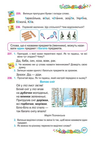 67
235. Випиши пропущені букви і склади слово.
1арасо�лька, ві3ші, ч2та�ння, зозу�5я, Укр4ї́на,
б2жола�, К2їв.
236. Порівняй малюнки. Що спільного? Чим відрізняються?
Слова, що є назвами предметів (іменники), можуть нази-
вати один предмет і багато предметів.
237. 1.	 Пригадай, з якої казки перелічені герої. Як ти гадаєш, чи всі
вони тут згадані? Чому?
Дід, баба, син, коза, вовк, рак.
2.	 Чи можемо ми ці слова назвати іменниками? Доведіть свою
думку.
3.	 Запиши назви одного і багатьох предметів за зразком.
Зразок. Дід — діди.
238. 1.	 Прочитай вірш. Як ти гадаєш, який настрій передано в ньому?
Випав сніг
Ой у лісі лист зів’яв!
Білий сніг у лісі впав
на дубочки молоденькі,
на ялинки зелененькі.
Притрусив сніг доріжки,
всі горбочки, моріжки.
Біло-біло в лісі стало —
так багато снігу впало!
						 Марія Познанська
2.	 Випиши виділені слова та зміни їх так, щоб вони називали один
предмет.
3.	 Як можна по-різному перенести виділені слова?
 