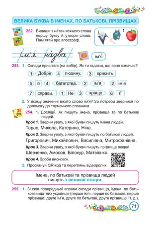 71
252. Випиши з на�зви кожного слова
першу букву й утвори слово.
Пам’ятай про апостроф.
253. 1.	 Склади прислів’я (на вибір). Як ти гадаєш, що воно означає?
2.	 У якому значенні вжито слово ім’я? За потреби звернися по
допомогу до тлумачного словника.
254. 1.	 Досліди�, як пишуть імена, прізвища та по батькові
людей.
Крок 1. Зверни увагу, з якої букви пишуть імена людей.
Тарас, Микола, Катерина, Ніна.
Крок 2. Зверни увагу, з якої букви пишуть по батькові людей.
Григорович, Михайлович, Василівна, Митрофанівна.
Крок 3. Зверни увагу, з якої букви пишуть прізвища людей.
Шевченко, Амосов, Білокур, Матвієнко.
Крок 4. Зроби висновок.
Імена, по батькові та прізвища людей
пишуть з великої літери.
2.	 Проскануй QR-код та переглянь відеоролик.
ім’я�
ВЕЛИКА БУКВА В ІМЕНАХ, ПО БАТЬКОВІ, ПРІЗВИЩАХ
’
255. 1.	 Зі слів попередньої вправи склади прізвища, імена, по бать-
кові видатних українців (перше ім’я, перше по батькові, перше
прізвище; друге ім’я, друге по батькові, друге прізвище і т. д.).
 