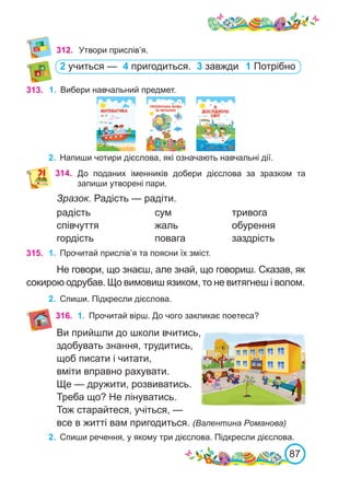 87
312. Утвори прислів’я.
313. 1.	 Вибери навчальний предмет.
2.	 Напиши чотири дієслова, які означають навчальні дії.
314. До поданих іменників добери дієслова за зразком та
запиши утворені пари.
315. 1.	 Прочитай прислів’я та поясни їх зміст.
Не говори, що знаєш, але знай, що говориш. Сказав, як
сокирою одрубав. Що вимовиш язиком, то не витягнеш і волом.
2.	 Спиши. Підкресли дієслова.
2 учиться — 4 пригодиться. 3 завжди 1 Потрібно
Зразок. Радість — радіти.
радість			 сум			 тривога
співчуття			 жаль			 обурення
гордість			 повага		 заздрість
316. 1.	 Прочитай вірш. До чого закликає поетеса?
Ви прийшли до школи вчитись,
здобувать знання, трудитись,
щоб писати і читати,
вміти вправно рахувати.
Ще — дружити, розвиватись.
Треба що? Не лінуватись.
Тож старайтеся, учіться, —
все в житті вам пригодиться. (Валентина Романова)
2.	 Спиши речення, у якому три дієслова. Підкресли дієслова.
 