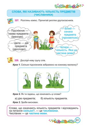 91
СЛОВА, ЯКІ НАЗИВАЮТЬ КІЛЬКІСТЬ ПРЕДМЕТІВ
(ЧИСЛІВНИКИ)
327. Розглянь комікс. Прочитай репліки другокласників.
328. Досліди� нову групу слів.
Крок 1. Скільки підсніжників зображено на кожному малюнку?
Крок 2. Як ти гадаєш, що означають ці слова?
а) дію предметів;	 б) кількість предметів.
Крок 3. Зроби висновок.
Слова, що означають кількість предметів і відповідають
на питання скільки?, — це числівники.
Числівник — це частина мови.
 