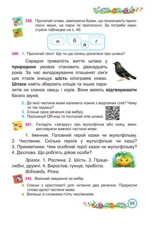 95
339.
340. 1.	 Прочитай текст. Що ти ще хочеш дізнатися про шпака?
Середня тривалість життя шпака у
природних умовах становить дванадцять
років. За час вигодовування пташенят сім’я
цих птахів знищує шість кілограмів комах.
Шпаки навіть збирають кліщів та інших пара-
зитів на спинах овець і корів. Вони вміють відтворювати
багато звуків.
2.	 До якої частини мови належить кожне з виділених слів? Чому
ти так гадаєш?
3.	 Спиши одне речення (на вибір).
4.	 Проскануй QR-код та послухай спів шпака.
341. Складіть «загадку» про мультфільм або казку, вико-
ристовуючи вивчені частини мови.
1. Іменник. Головний герой казки чи мультфільму.
2.  Числівник. Скільки героїв у мультфільмі чи казці?
3. Прикметники. Чим особливі герої казки чи мультфільму?
4. Дієслова. Що роблять дійові особи?
Зразок. 1. Рослина. 2. Шість. 3. Праце-
любні, дружні. 4. Виростив, гукнув, прибігла.
Відповідь. Ріпка.
342. Виконай завдання на вибір.
	 Спиши з хрестоматії для читання два речення. Підкресли
слова однієї частини мови.
	 Випиши зі словника п’ять числівників.
Прочитай слово, замінюючи букви, що позначають приго-
лосні звуки, на парні їм приголосні. За потреби кори-
стуйся таблицею на с. 40.
 