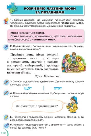 110
ÐÎÇÐ²ÇÍßÞ ×ÀÑÒÈÍÈ ÌÎÂÈ
ÐÎÇÐ²ÇÍßÞ ×ÀÑÒÈÍÈ ÌÎÂÈ
ÇÀ ÏÈÒÀÍÍßÌÈ
ÇÀ ÏÈÒÀÍÍßÌÈ
1. Ґаджик дізнався, що іменники, прикметники, дієслова,
числівники, службові слова називаються частинами мови.
Як думаєш чому? Перевір свої міркування за правилом.
2. Прочитай текст. Постав питання до виділених слів. Як нази-
ваються ці частини мови?
5. Підкресли в записаному реченні числівник. Поясни, як ти
його розпізнав (розпізнала).
Пройшов дощ, пісок вологий,
то дівчатка пекли торти: один
з ромашками, другий з нагідка-
ми, третій, найкращий, з трояндо-
вими пелюстками. Івась допомагав,
квіточки збирав.
Зірка Мензатюк
3. Запиши виділені слова в дві колонки. Допиши в кожну колонку
ще по два слова.
3
4. Напиши відповідь на запитання Щебетунчика. Число записуй
словом.
4
ЩО? ХТО?
П
Скільки тортів зробили діти?
6. Розкажи, чи доводилося тобі у своєму житті щось робити з
піску? Де саме це було і коли?
Мова складається зі слів.
Слова (іменники, прикметники, дієслова, числівники,
службові слова) є частинами мови.
 