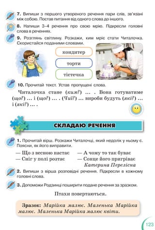 123
9. Розглянь світлину. Розкажи, ким мріє стати Читалочка.
Скористайся поданими словами.
7. Випиши з першого утвореного речення пари слів, зв’язані
між собою. Постав питання від одного слова до іншого.
7
10. Прочитай текст. Устав пропущені слова.
2. Випиши з вірша розповідні речення. Підкресли в кожному
головні слова.
2
г
кондитер
торти
тістечка
Читалочка стане (ким?) ... . Вона готуватиме
(що?) ... і (що?) ... . (Чиї?) ... вироби будуть (які?) ...
і (які?) ... .
)
ÑÊËÀÄÀÞ ÐÅ×ÅÍÍß
ÑÊËÀÄÀÞ ÐÅ×ÅÍÍß
1. Прочитай вірш. Розкажи Читалочці, який недолік у ньому є.
Поясни, як його виправити.
— Що з весною настає
— Сніг у полі розтає
— А чому то так буває
— Сонце його пригріває
Катерина Перелісна
3. Допоможи Родзинці поширити подане речення за зразком.
3
Птахи повертаються.
Ско
ор
р
р
р
р
ри
истайся под
8. Напиши 3–4 речення про свою мрію. Підкресли головні
слова в реченнях.
8
с
Зразок: Марійка малює. Маленька Марійка
малює. Маленька Марійка малює квіти.
 