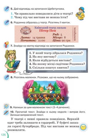 126
5. Дай відповідь на запитання Щебетунчика.
6. Родзинка зібралась у театр. Розглянь її квиток.
8. Розглянь малюнок. Розкажи, що на ньому зображено.
1. Чи правильно поводилися діти в театрі?
2. Чому під час вистави не можна їсти?
1. У який театр зібралася Родзинка?
2. На яку виставу?
3. Коли відбудеться вистава?
4. На якому місці сидітиме Родзинка?
5. Скільки коштує квиток?
9. Напиши за цим малюнком текст (3–4 речення).
7. Знайди на квитку відповіді на запитання Родзинки.
9
У театрі є певні правила поведінки. Верхній
одяг треба залишати в гардеробі. У буфеті запах-
ли гарячі бутерброди. Під час вистави не можна
розмовляти.
10. Прочитай текст. Знайди в ньому недолік і виправ його.
Запиши виправлений текст.
 