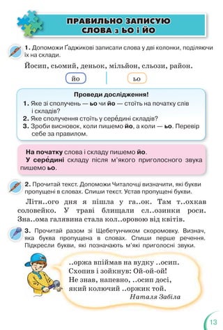 13
Літн..ого дня я пішла у га..ок. Там т..охкав
соловейко. У траві блищали сл..озинки роси.
Зна..ома галявина стала кол..оровою від квітів.
1. Допоможи Ґаджикові записати слова у дві колонки, поділяючи
їх на склади.
ї
2. Прочитай текст. Допоможи Читалочці визначити, які букви
пропущені в словах. Спиши текст. Устав пропущені букви.
Йосип, сьомий, деньок, мільйон, сльози, район.
йо ьо
Проведи дослідження!
1. Яке зі сполучень — ьо чи йо — стоїть на початку слів
і складів?
2. Яке сполучення стоїть у серåдині складів?
3. Зроби висновок, коли пишемо йо, а коли — ьо. Перевір
себе за правилом.
ÏÐÀÂÈËÜÍÎ ÇÀÏÈÑÓÞ
ÏÐÀÂÈËÜÍÎ ÇÀÏÈÑÓÞ
ÑËÎÂÀ
ÑËÎÂÀ ç
ç ÜÎ
ÜÎ ³
³ ÉÎ
ÉÎ
..оржа впіймав на вудку ..осип.
Схопив і зойкнув: Ой-ой-ой!
Не знав, напевно, ..осип досі,
який колючий ..оржик той.
Наталя Забіла
3. Прочитай разом зі Щебетунчиком скоромовку. Визнач,
яка буква пропущена в словах. Спиши перше речення.
Підкресли букви, які позначають м’які приголосні звуки.
На початку слова і складу пишемо йо.
У серåдині складу після м’якого приголосного звука
пишемо ьо.
 
