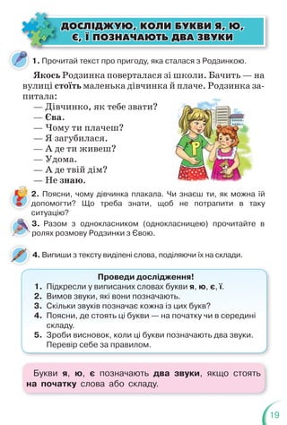 19
1. Прочитай текст про пригоду, яка сталася з Родзинкою.
Якось Родзинка поверталася зі школи. Бачить — на
вулиці стоїть маленька дівчинка й плаче. Родзинка за-
питала:
— Дівчинко, як тебе звати?
— Єва.
— Чому ти плачеш?
— Я загубилася.
— А де ти живеш?
— Удома.
— А де твій дім?
— Не знаю.
2. Поясни, чому дівчинка плакала. Чи знаєш ти, як можна їй
допомогти? Що треба знати, щоб не потрапити в таку
ситуацію?
2
д
с
3. Разом з однокласником (однокласницею) прочитайте в
ролях розмову Родзинки з Євою.
4. Випиши з тексту виділені слова, поділяючи їх на склади.
Проведи дослідження!
1. Підкресли у виписаних словах букви я, ю, є, ї.
2. Вимов звуки, які вони позначають.
3. Скільки звуків позначає кожна із цих букв?
4. Поясни, де стоять ці букви — на початку чи в середині
складу.
5. Зроби висновок, коли ці букви позначають два звуки.
Перевір себе за правилом.
ÄÎÑË²ÄÆÓÞ, ÊÎËÈ ÁÓÊÂÈ ß, Þ,
ÄÎÑË²ÄÆÓÞ, ÊÎËÈ ÁÓÊÂÈ ß, Þ,
ª, ¯ ÏÎÇÍÀ×ÀÞÒÜ ÄÂÀ ÇÂÓÊÈ
ª, ¯ ÏÎÇÍÀ×ÀÞÒÜ ÄÂÀ ÇÂÓÊÈ
Букви я, ю, є позначають два звуки, якщо стоять
на початку слова або складу.
 
