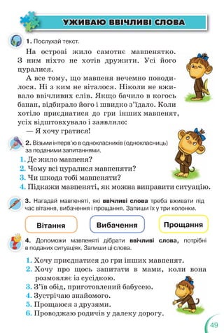 49
1. Послухай текст.
На острові жило самотнє мавпенятко.
З ним ніхто не хотів дружити. Усі його
цуралися.
А все тому, що мавпеня нечемно поводи-
лося. Ні з ким не віталося. Ніколи не вжи-
вало ввічливих слів. Якщо бачило в когось
банан, відбирало його і швидко з’їдало. Коли
хотіло приєднатися до гри інших мавпенят,
усіх відштовхувало і заявляло:
— Я хочу гратися!
2. Візьми інтерв’ю в однокласників (однокласниць)
за поданими запитаннями.
1. Де жило мавпеня?
2. Чому всі цуралися мавпеняти?
3. Чи шкода тобі мавпеняти?
4. Підкажи мавпеняті, як можна виправити ситуацію.
3. Нагадай мавпеняті, які ввічливі слова треба вживати під
час вітання, вибачення і прощання. Запиши їх у три колонки.
Вітання Вибачення Прощання
4. Допоможи мавпеняті дібрати ввічливі слова, потрібні
в поданих ситуаціях. Запиши ці слова.
1. Хочу приєднатися до гри інших мавпенят.
2. Хочу про щось запитати в мами, коли вона
розмовляє із сусідкою.
3. З’їв обід, приготовлений бабусею.
4. Зустрічаю знайомого.
5. Прощаюся з друзями.
6. Проводжаю родичів у далеку дорогу.
ÓÆÈÂÀÞ ÂÂ²×ËÈÂ² ÑËÎÂÀ
ÓÆÈÂÀÞ ÂÂ²×ËÈÂ² ÑËÎÂÀ
 