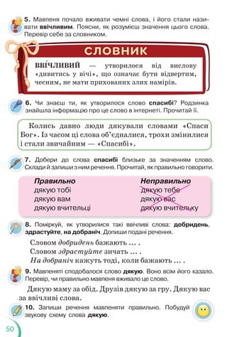 50
7. Добери до слова спасибі близьке за значенням слово.
Складийзапишизнимречення.Прочитай,якправильноговорити.
7
С
8. Поміркуй, як утворилися такі ввічливі слова: добридень,
здрастуйте, на добраніч. Допиши подані речення.
5. Мавпеня почало вживати чемні слова, і його стали нази-
вати ввічливим. Поясни, як розумієш значення цього слова.
Перевір себе за словником.
ВВІЧЛИВИЙ — утворилося від вислову
«дивитись у вічі», що означає бути відвертим,
чесним, не мати прихованих злих намірів.
6. Чи знаєш ти, як утворилося слово спасибі? Родзинка
знайшла інформацію про це слово в інтернеті. Прочитай її.
Колись давно люди дякували словами «Спаси
Бог». Із часом ці слова об’єдналися, трохи змінилися
і стали звичайним — «Спасибі».
Правильно Неправильно
дякую тобі дякую тебе
дякую вам дякую вас
дякую вчительці дякую вчительку
Словом добридень бажають ... .
Словом здрастуйте зичать ... .
На добраніч кажуть тоді, коли бажають ... .
8
з
10. Запиши речення мавпеняти правильно. Побудуй
звукову схему слова дякую.
9. Мавпеняті сподобалося слово дякую. Воно всім його казало.
Перевір, чи правильно мавпеня вживало це слово.
Дякую маму за обід. Друзів дякую за гру. Дякую вас
за ввічливі слова.
1
з
з
 