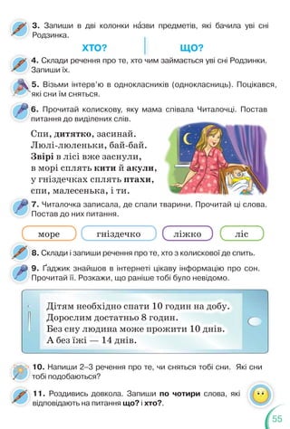 55
3. Запиши в дві колонки нàзви предметів, які бачила уві сні
Родзинка.
8. Склади і запиши речення про те, хто з колискової де спить.
8
11. Роздивись довкола. Запиши по чотири слова, які
відповідають на питання що? і хто?.
10. Напиши 2–3 речення про те, чи сняться тобі сни. Які сни
тобі подобаються?
4. Склади речення про те, хто чим займається уві сні Родзинки.
Запиши їх.
4
З
6. Прочитай колискову, яку мама співала Читалочці. Постав
питання до виділених слів.
6
п
7. Читалочка записала, де спали тварини. Прочитай ці слова.
Постав до них питання.
7
П
9. Ґаджик знайшов в інтернеті цікаву інформацію про сон.
Прочитай її. Розкажи, що раніше тобі було невідомо.
9
ХТО? ЩО?
5. Візьми інтерв’ю в однокласників (однокласниць). Поцікався,
які сни їм сняться.
я
Спи, дитятко, засинай.
Люлі-люленьки, бай-бай.
Звірі в лісі вже заснули,
в морі сплять кити й акули,
у гніздечках сплять птахи,
спи, малесенька, і ти.
море гніздечко ліс
ліжко
Дітям необхідно спати 10 годин на добу.
Дорослим достатньо 8 годин.
Без сну людина може прожити 10 днів.
А без їжі — 14 днів.
т
чи
 