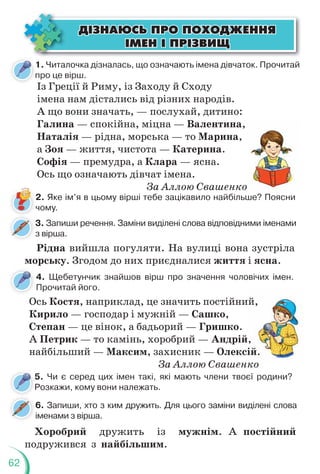 62
1. Читалочка дізналась, що означають імена дівчаток. Прочитай
про це вірш.
п
4. Щебетунчик знайшов вірш про значення чоловічих імен.
Прочитай його.
5. Чи є серед цих імен такі, які мають члени твоєї родини?
Розкажи, кому вони належать.
5
2. Яке ім’я в цьому вірші тебе зацікавило найбільше? Поясни
чому.
3. Запиши речення. Заміни виділені слова відповідними іменами
з вірша.
6. Запиши, хто з ким дружить. Для цього заміни виділені слова
іменами з вірша.
Рідна вийшла погуляти. На вулиці вона зустріла
морську. Згодом до них приєдналися життя і ясна.
Ось Костя, наприклад, це значить постійний,
Кирило — господар і мужній — Сашко,
Степан — це вінок, а бадьорий — Гришко.
А Петрик — то камінь, хоробрий — Андрій,
найбільший — Максим, захисник — Олексій.
За Аллою Свашенко
Хоробрий дружить із мужнім. А постійний
подружився з найбільшим.
ий,
й,
ій.
ко
Ä²ÇÍÀÞÑÜ ÏÐÎ ÏÎÕÎÄÆÅÍÍß
Ä²ÇÍÀÞÑÜ ÏÐÎ ÏÎÕÎÄÆÅÍÍß
²ÌÅÍ ² ÏÐ²ÇÂÈÙ
²ÌÅÍ ² ÏÐ²ÇÂÈÙ
Із Греції й Pиму, із Заходу й Сходу
імена нам дістались від різних народів.
А що вони значать, — послухай, дитино:
Галина — спокійна, міцна — Валентина,
Наталія — рідна, морська — то Марина,
а Зоя — життя, чистота — Катерина.
Софія — премудра, а Клара — ясна.
Ось що означають дівчат імена.
За Аллою Свашенко
 