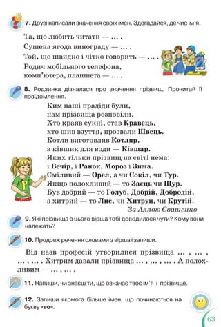 63
8. Родзинка дізналася про значення прізвищ. Прочитай її
повідомлення.
9. Які прізвища з цього вірша тобі доводилося чути? Кому вони
належать?
10. Продовж речення словами з вірша і запиши.
12. Запиши якомога більше імен, що починаються на
букву «ве».
б
11. Напиши, чи знаєш ти, що означає твоє ім’я і прізвище.
7. Друзі написали значення своїх імен. Здогадайся, де чиє ім’я.
Та, що любить читати — ... .
Сушена ягода винограду — ... .
Той, що швидко і чітко говорить — ... .
Родич мобільного телефона,
комп’ютера, планшета — ... .
. .
Ким наші прадіди були,
нам прізвища розповіли.
Хто краяв сукні, став Кравець,
хто шив взуття, прозвали Швець.
Котли виготовляв Котляр,
а ківшик для води — Ківшар.
Яких тільки прізвищ на світі нема:
і Вечір, і Ранок, Мороз і Зима.
Сміливий — Орел, а чи Сокіл, чи Тур.
Якщо полохливий — то Заєць чи Щур.
Був добрий — то Голуб, Добрій, Добродій,
а хитрий — то Лис, чи Хитрун, чи Крутій.
За Аллою Свашенко
Я
і
С
Я
Б
а
Від назв професій утворилися прізвища ... , ... ,
... , ... . Хитрим давали прізвища ... , ... , ... . А полох-
ливим — ... , ... .
1
 
