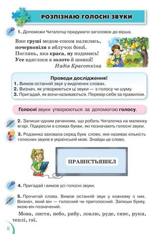 8
1. Допоможи Читалочці придумати заголовок до вірша.
4. Пригадай і вимов усі голосні звуки.
Вже груші медом-соком налились,
почервоніли в яблучок бокè.
Поглянь, яка краса, ну подивись!
Усе вдяглося в золото й шовкè!
Надія Красоткіна
д р
,
а
Проведи дослідження!
1. Вимов останній звук у виділених словах.
2. Визнач, як утворюються ці звуки — з голосу чи шуму.
3. Пригадай, як вони називаються. Перевір себе за правилом.
2. Запиши одним реченням, що робить Читалочка на малюнку
вгорі. Підкресли в словах букви, які позначають голосні звуки.
ÐÎÇÏ²ÇÍÀÞ ÃÎËÎÑÍ² ÇÂÓÊÈ
ÐÎÇÏ²ÇÍÀÞ ÃÎËÎÑÍ² ÇÂÓÊÈ
3. Родзинка заховала серед букв слово, яке називає кількість
голосних звуків в українській мові. Знайди це слово.
5. Прочитай слова. Вимов останній звук у кожному з них.
Визнач, який він — голосний чи приголосний. Запиши букву,
якою він позначений.
Мова, листя, небо, рибу, ловлю, руде, синє, руки,
теплі, гаї.
Пригадай і вимов усі голосні звуки.
ос з у у ра с о З а д це с о о
ПРАШІСТЬЯШКЛ
Голосні звуки утворюються за допомогою голосу.
 