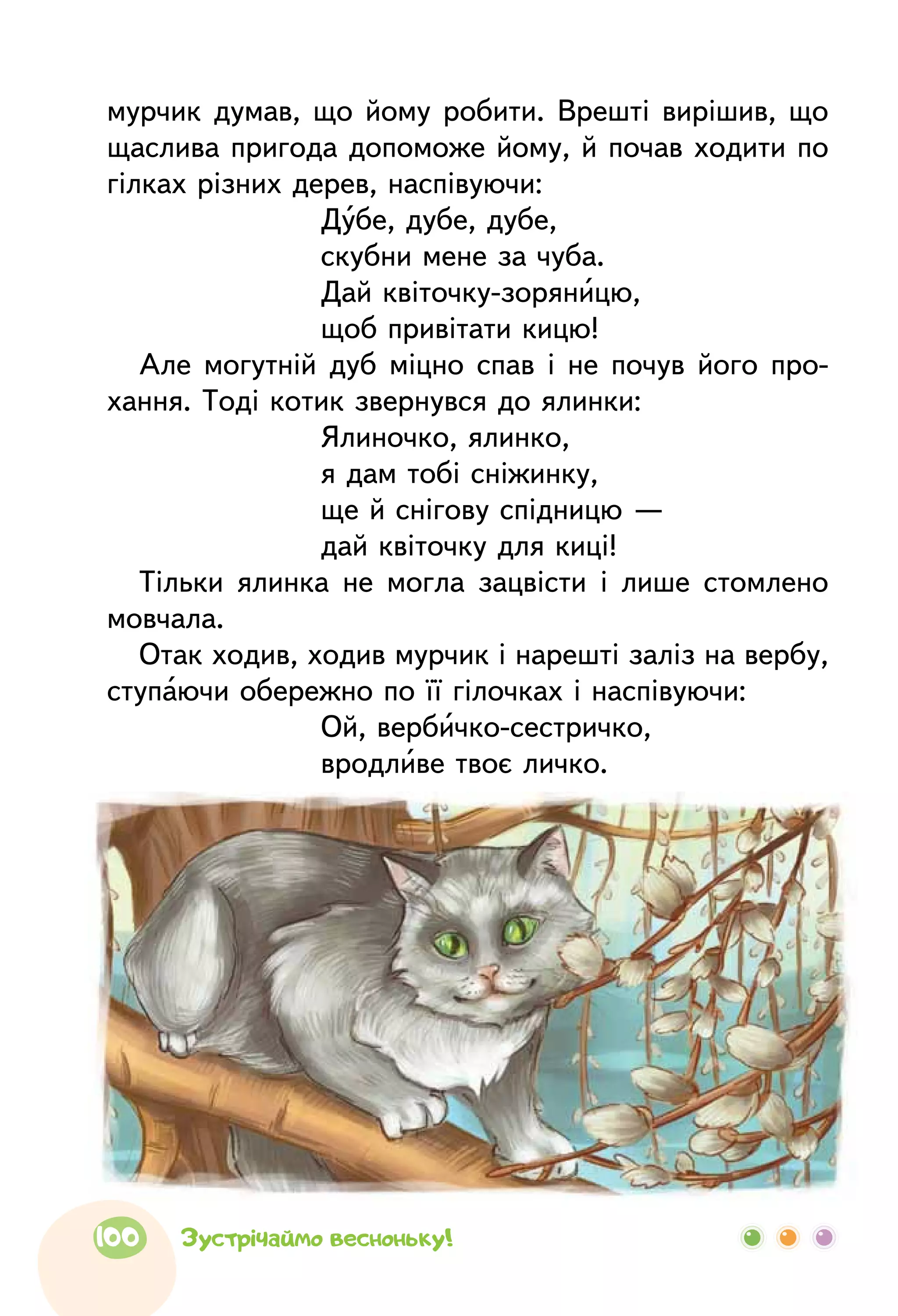 мурчик думав, що йому робити. Врешті вирішив, що
щаслива пригода допоможе йому, й почав ходити по
гілках різних дерев, наспівуючи:
Дубе, дубе, дубе,
скубни мене за чуба.
Дай квіточку-зоряницю,
щоб привітати кицю!
Але могутній дуб міцно спав і не почув його про-
хання. Тоді котик звернувся до ялинки:
Ялиночко, ялинко,
я дам тобі сніжинку,
ще й снігову спідницю —
дай квіточку для киці!
Тільки ялинка не могла зацвісти і лише стомлено
мовчала.
Отак ходив, ходив мурчик і нарешті заліз на вербу,
ступаючи обережно по її гілочках і наспівуючи:
Ой, вербичко-сестричко,
вродливе твоє личко.
100 Зустрічаймо весноньку!
 