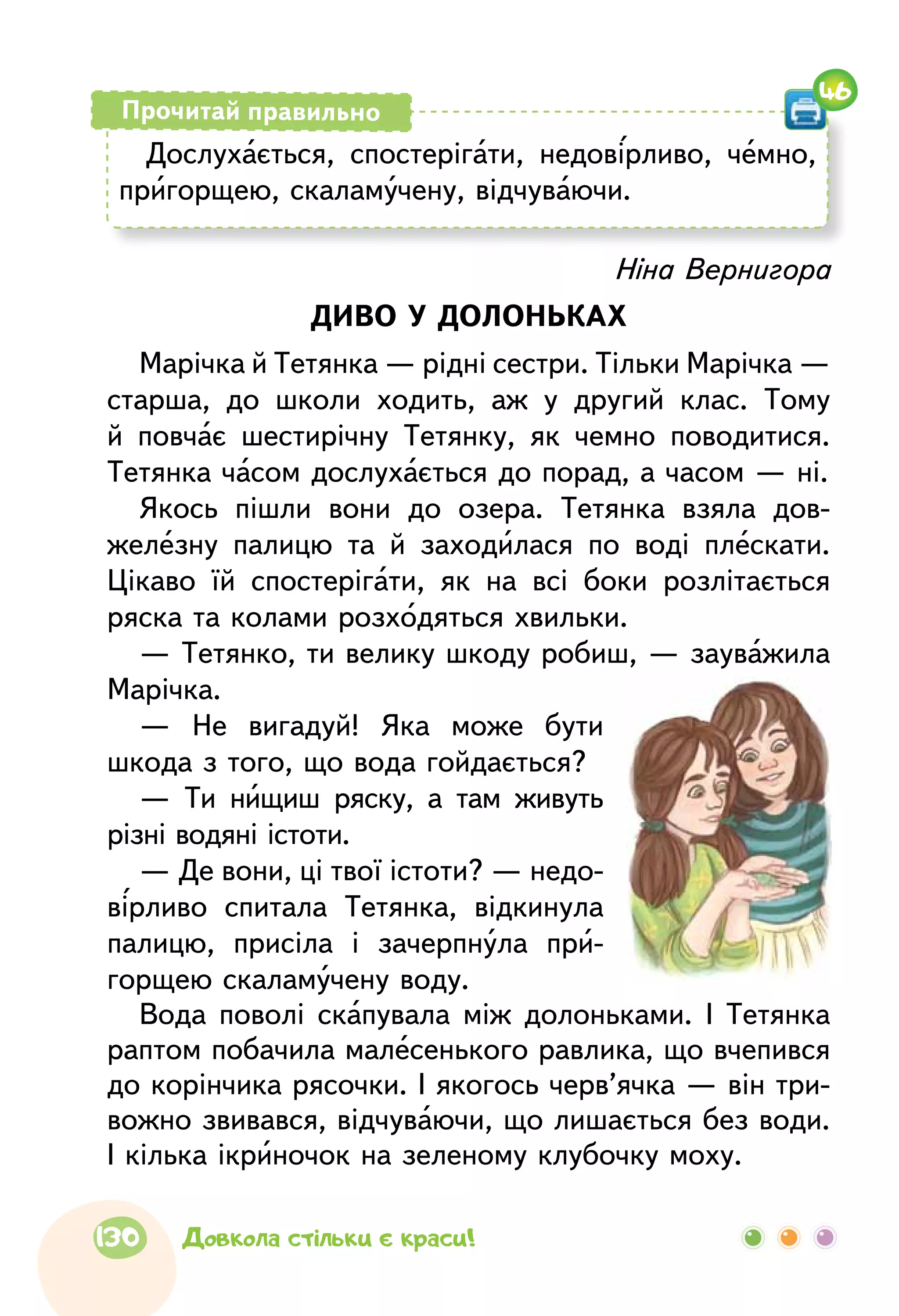 Ніна Вернигора
ДИВО У ДОЛОНЬКАХ
Марічка й Тетянка — рідні сестри. Тільки Марічка —
старша, до школи ходить, аж у другий клас. Тому
й повчає шестирічну Тетянку, як чемно поводитися.
Тетянка часом дослухається до порад, а часом — ні.
Якось пішли вони до озера. Тетянка взяла дов­
железну палицю та й заходилася по воді плескати.
Цікаво їй спостерігати, як на всі боки розлітається
ряска та колами розходяться хвильки.
— Тетянко, ти велику шкоду робиш, — зауважила
Марічка.
— Не вигадуй! Яка може бути
шкода з того, що вода гойдається?
— Ти нищиш ряску, а там живуть
різні водяні істоти.
— Де вони, ці твої істоти? — недо-
вірливо спитала Тетянка, відкинула
палицю, присіла і зачерпнула при-
горщею скаламучену воду.
Вода поволі скапувала між долоньками. І Тетянка
раптом побачила малесенького равлика, що вчепився
до корінчика рясочки. І якогось черв’ячка — він три-
вожно звивався, відчуваючи, що лишається без води.
І кілька ікриночок на зеленому клубочку моху.
Дослухається, спостерігати, недовірливо, чемно,
пригорщею, скаламучену, відчуваючи.
Прочитай правильно
46
130 Довкола стільки є краси!
 