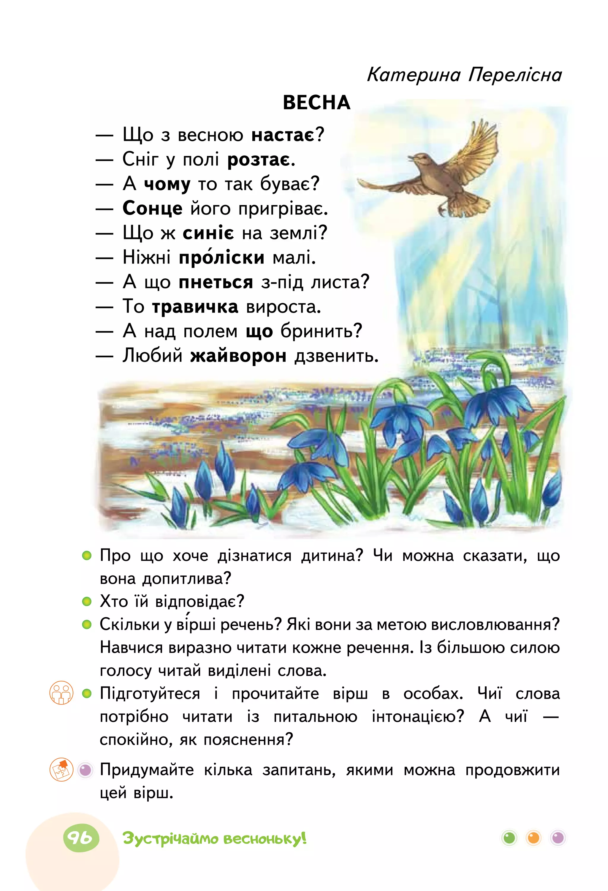   	Про що хоче дізнатися дитина? Чи можна сказати, що
вона допитлива?
  	Хто їй відповідає?
  	Скільки у вірші речень? Які вони за метою висловлювання?
Навчися виразно читати кожне речення. Із більшою силою
голосу читай виділені слова.
  	Підготуйтеся і прочитайте вірш в особах. Чиї слова
потрібно читати із питальною інтонацією? А чиї —
спокійно, як пояснення?
	Придумайте кілька запитань, якими можна продовжити
цей вірш.
Катерина Перелісна
ВЕСНА
— Що з весною настає?
— Сніг у полі розтає.
— А чому то так буває?
— Сонце його пригріває.
— Що ж синіє на землі?
— Ніжні проліски малі.
— А що пнеться з-під листа?
— То травичка вироста.
— А над полем що бринить?
— Любий жайворон дзвенить.
96 Зустрічаймо весноньку!
 
