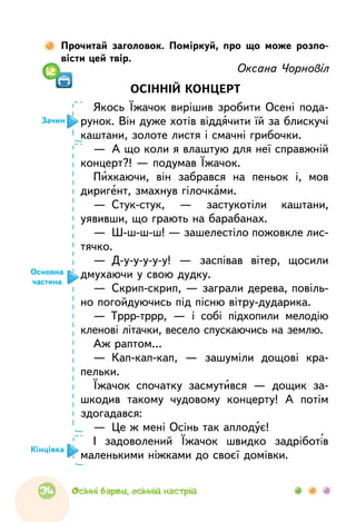 Оксана Чорновіл
ОСІННІЙ КОНЦЕРТ
Якось Їжачок вирішив зробити Осені пода-
рунок. Він дуже хотів віддячити їй за блискучі
каштани, золоте листя і смачні грибочки.
—  А що коли я влаштую для неї справжній
концерт?! — подумав Їжачок.
Пихкаючи, він забрався на  пеньок і, мов
диригент, змахнув гілочками.
—  Стук-стук, — застукотіли каштани,
уявивши, що грають на барабанах.
—  Ш-ш-ш-ш! — зашелестіло пожовкле лис-
тячко.
—  Д-у-у-у-у-у!  — заспівав вітер, щосили
дмухаючи у свою дудку.
—  Скрип-скрип, — заграли дерева, повіль-
но погойдуючись під пісню вітру-дударика.
—  Тррр-тррр, — і  собі підхопили мелодію
кленові літачки, весело спускаючись на землю.
Аж раптом…
—  Кап-кап-кап, — зашуміли дощові кра-
пельки.
Їжачок спочатку засмутився  — дощик за-
шкодив такому чудовому концерту! А  потім
здогадався:
—  Це ж мені Осінь так аплодує!
І  задоволений Їжачок швидко задріботів
маленькими ніжками до своєї домівки.
12
Прочитай заголовок. Поміркуй, про  що  може розпо­
вісти цей твір.
Основна
частина
Кінцівка
Зачин
34 Осінні барви, осінній настрій
 